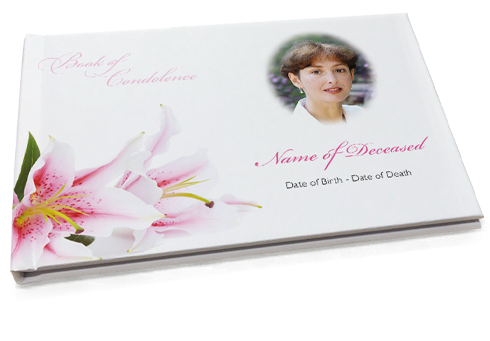 A hardcover book of condolence with a beautiful white and pink Lily design on the bottom left corner